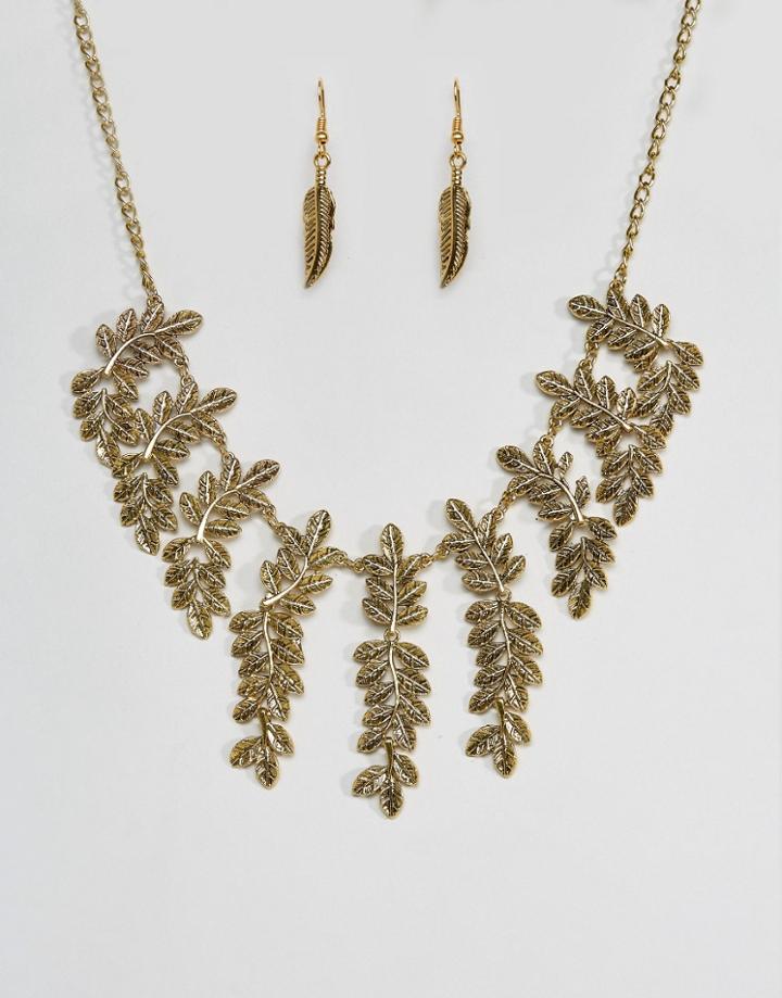 Ruby Rocks Leaf Detail Necklace And Earring Set - Silver