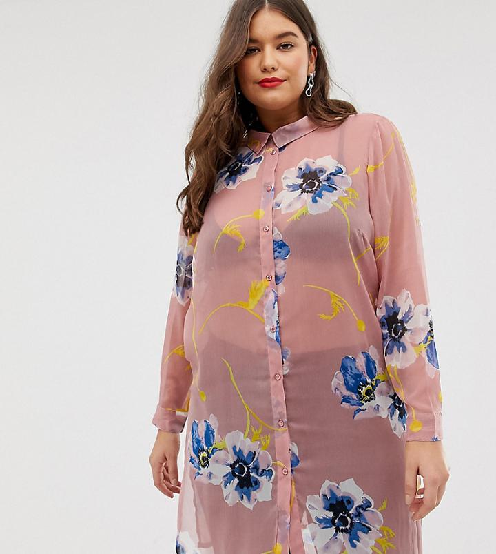 Junarose Floral Long Line Shirt - Pink