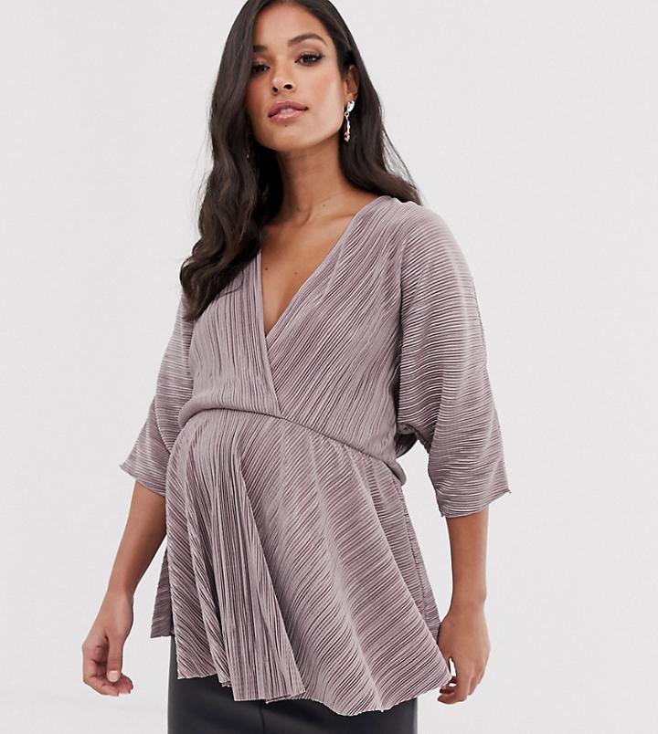 Asos Design Maternity Plisse Wrap Top With Batwing Sleeve-purple