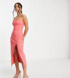 Vesper Petite Cami Strap Midi Dress With Thigh Split In Bubblegum Pink