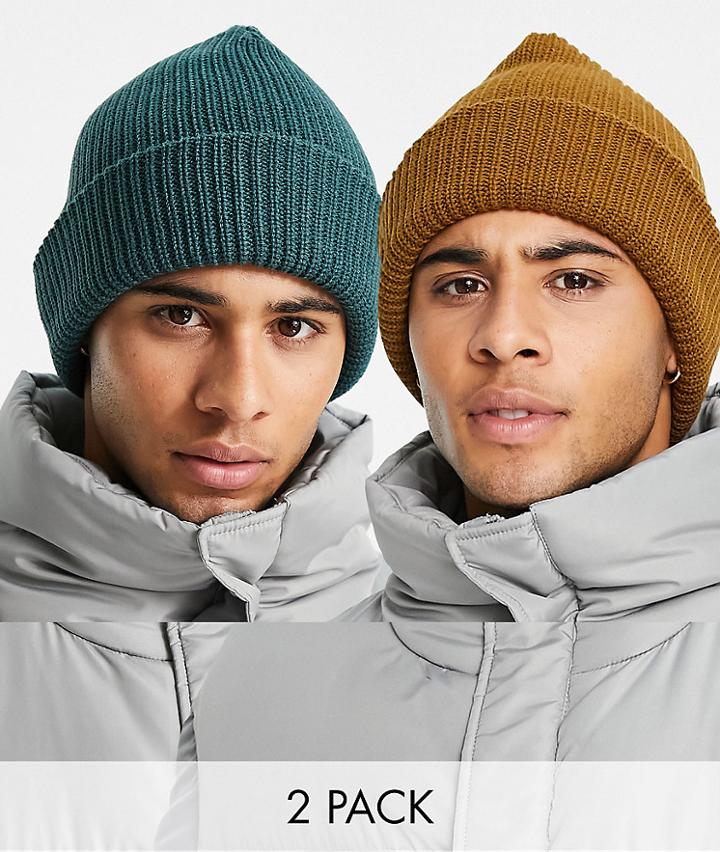 New Look 2 Pack Fisherman Beanie In Tan And Dark Green-multi