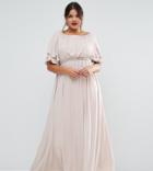 Asos Curve Flutter Sleeve Maxi Dress With Embellished Waist Trim - Gray