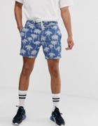 Asos Design Denim Short Shorts In Mid Wash Blue Palm Print With Elasticated Waist