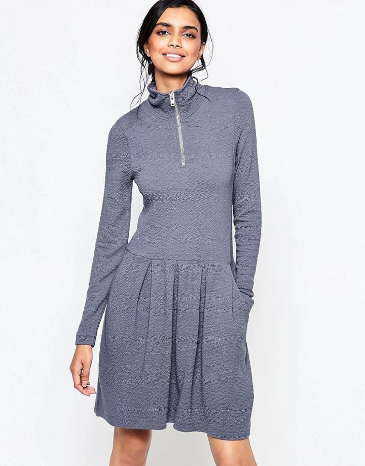 Ganni Lake Wood Dress With Wide Pleat Skirt And Zip Through Neck - White