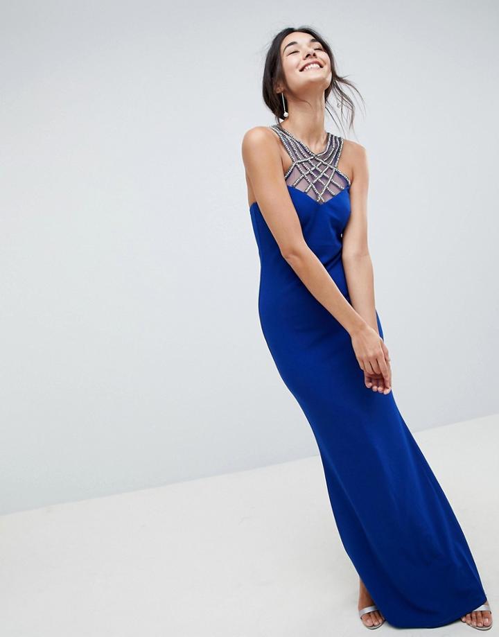 City Goddess Criss Cross Embellished Neckline Maxi Dress - Blue