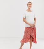New Look Maternity Side Button Ruffle Midi Skirt In Red Floral Pattern - Red