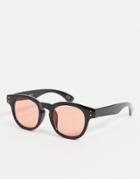 Asos Design Round Sunglasses In Black With Pink Lens