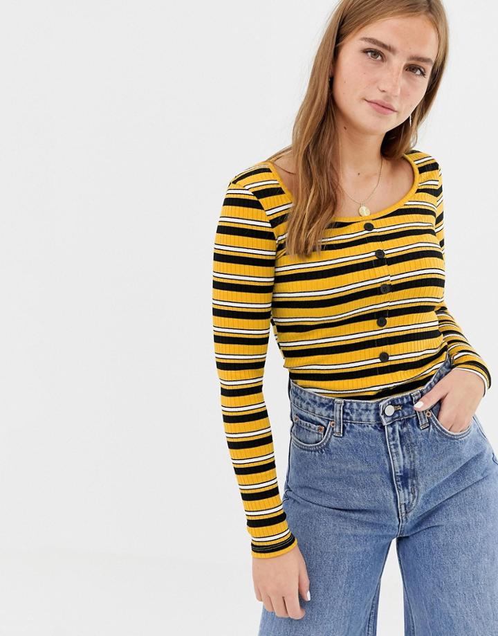 New Look Stripe Button Through Top In Yellow - Yellow