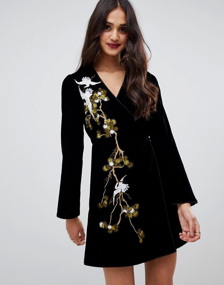 Miss Selfridge Embroidered Velvet Wrap Dress In Black - Black