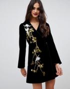 Miss Selfridge Embroidered Velvet Wrap Dress In Black - Black