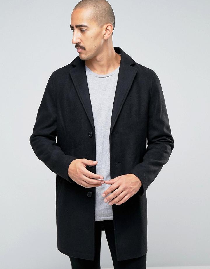 Stanley Adams Wool Rich Slim Lapel Overcoat - Black