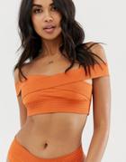 Prettylittlething Bardot Bikini Top With Bandage Detail In Orange - Brown