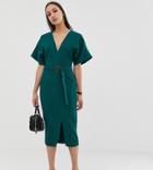 Asos Design Tall Kimono Sleeve Midi Dress In Rib With Belt - Green