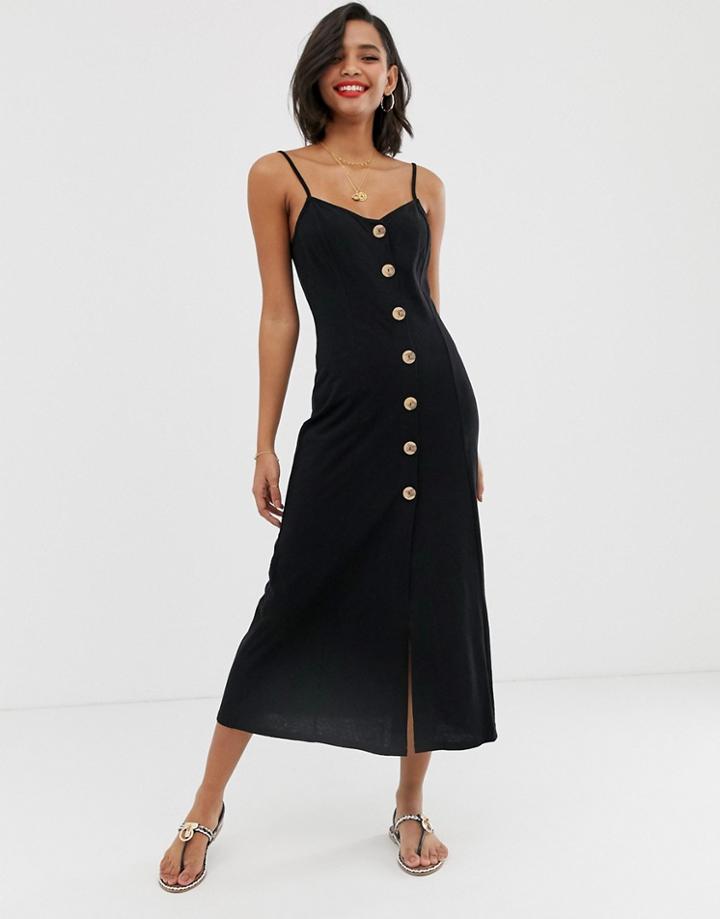 Asos Design Maxi Slubby Cami Swing Dress With Faux Wood Buttons - Black