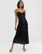 Asos Design Maxi Slubby Cami Swing Dress With Faux Wood Buttons - Black
