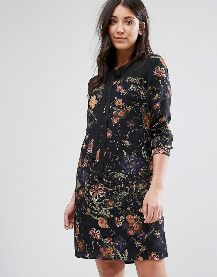 Lavand Printed Shift Dress With Tie Neck - Black