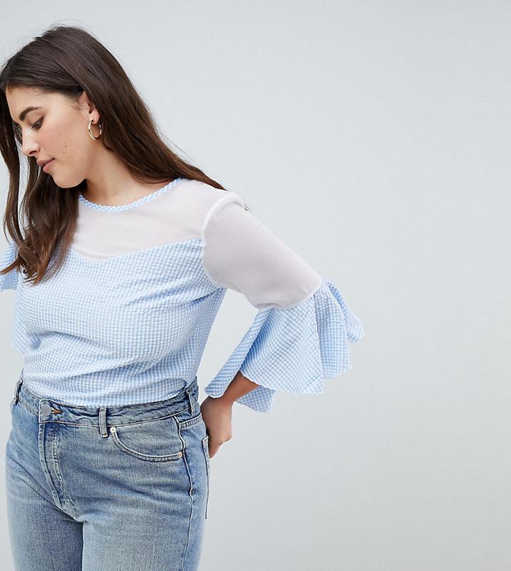 Lovedrobe Gingham Blouse With Bell Sleeves - Blue