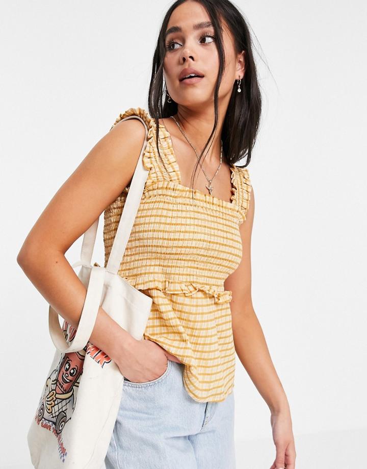 Violet Romance Shirred Sleeveless Top In Grid Print-brown