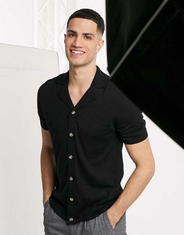 Asos Design Knitted Button Through Polo T-shirt In Black