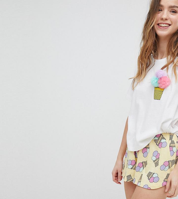 Asos Petite Ice Cream Pom Pom Tee And Short Set - Multi