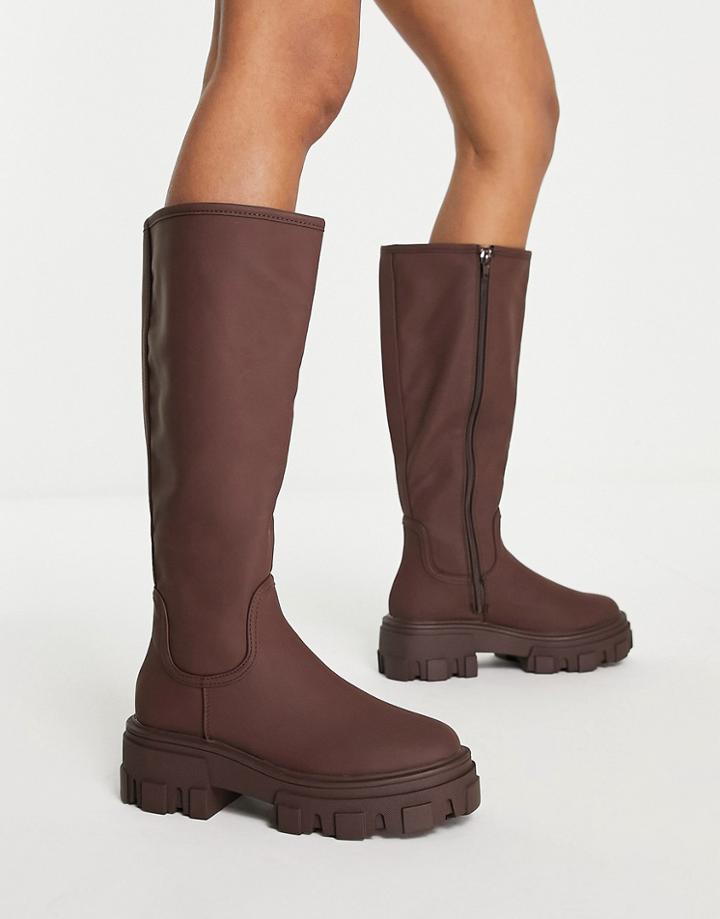 Asos Design Carla Chunky Flat Knee Boots In Chocolate Brown