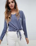 Asos Design Top In Wash With Tie Front And Batwing Sleeve - Gray