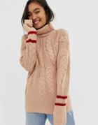 Asos Design Roll Neck Cable Sweater With Tipping Detail-pink