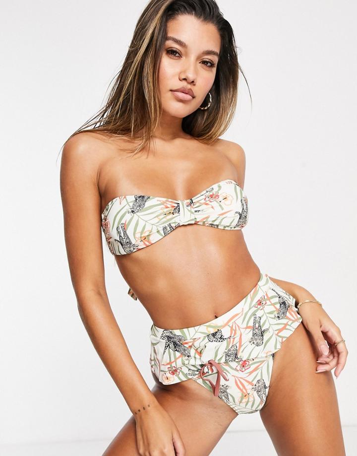 South Beach Bandeau Band Detail Top And Ruffle Bottom In Cream Safari Print-multi