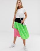 Liquorish Pleated Midi Skirt In Neon Color Block - Multi
