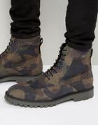 Asos Brogue Boots In Camo Print Suede - Green