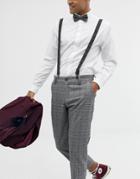 Asos Design Wedding Suspenders & Bow Tie Set In Charcoal Herringbone And Plain - Gray