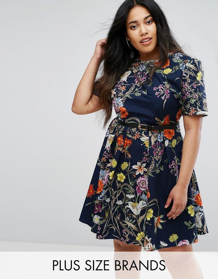 Uttam Boutique Plus Floral Print Belted Dress - Navy