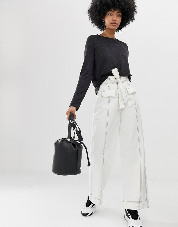 Asos Design Wide Leg Pants With Tie Waist And Horn Buttons-cream
