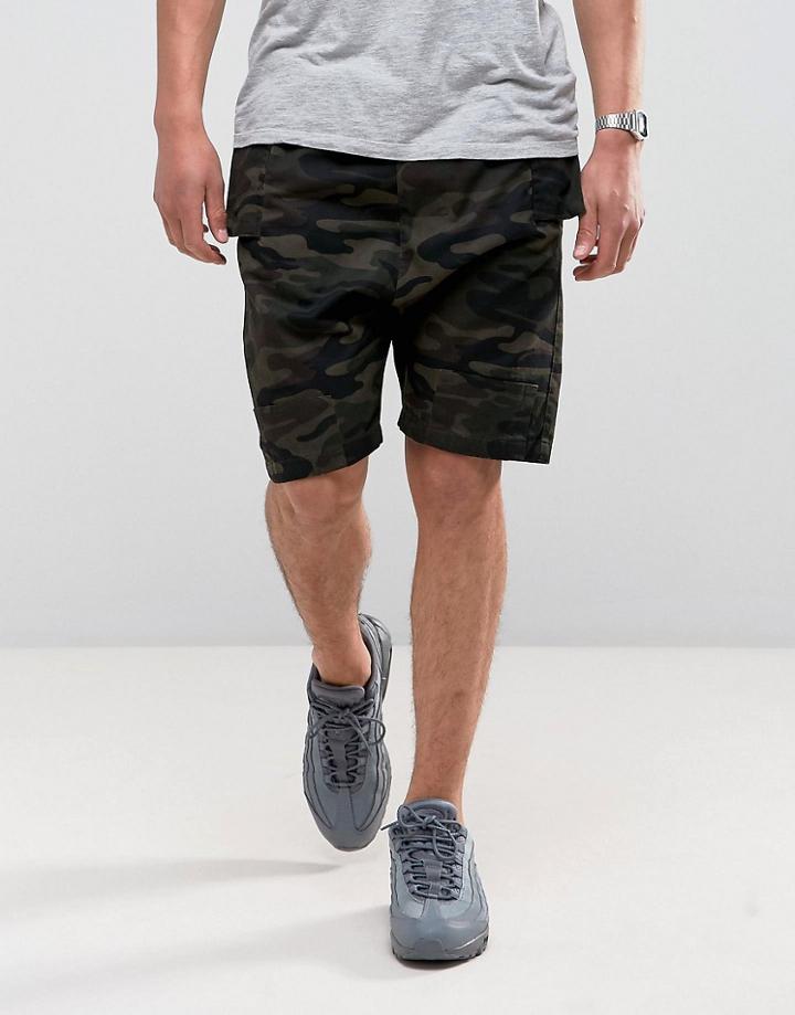 Asos Drop Crotch Shorts In Camo - Green