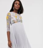 Asos Design Maternity Mini Dress With Pleat Skirt And Lace Inserts In Floral Embroidery-multi