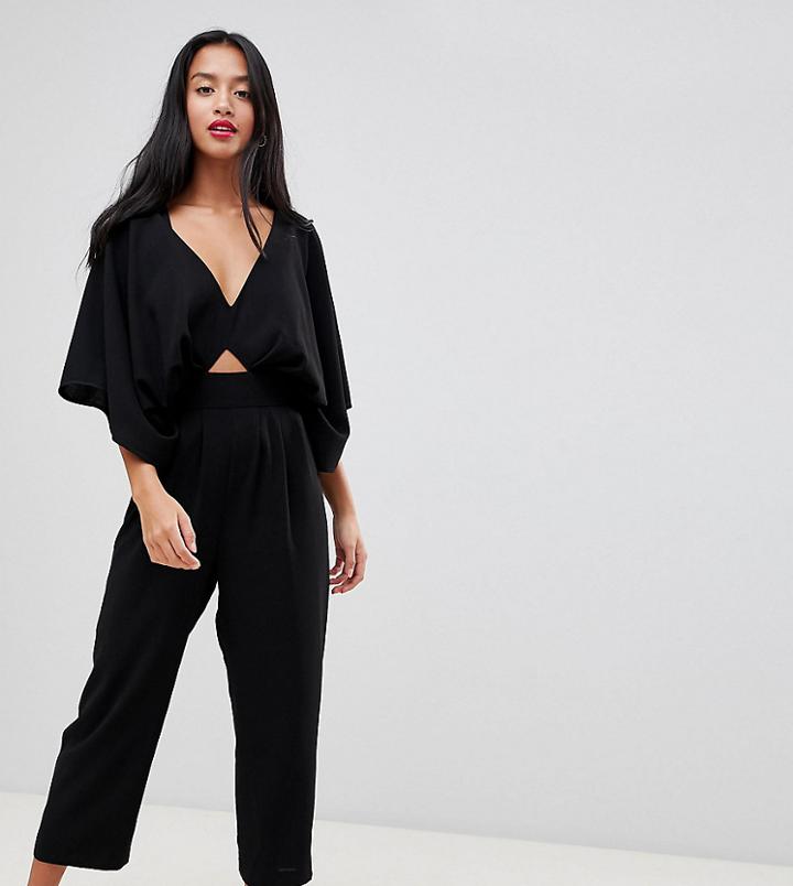 Asos Design Petite Jumpsuit With Kimono Sleeve And Peg Leg-black