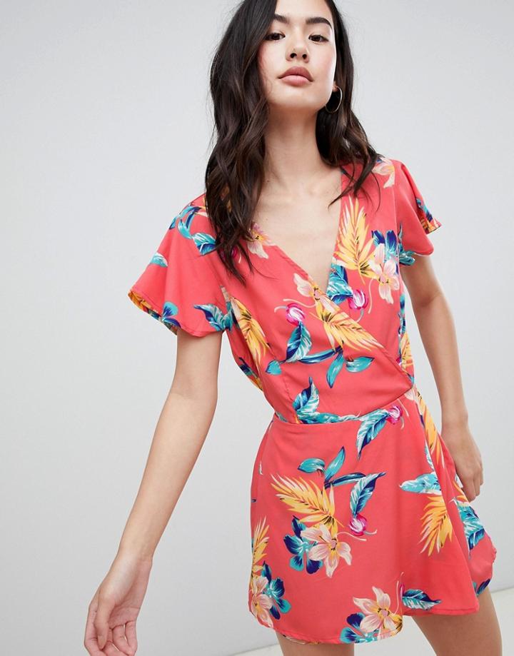Brave Soul Wrap Front Romper In Hibiscus Print - Pink