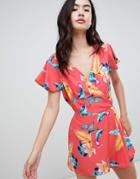 Brave Soul Wrap Front Romper In Hibiscus Print - Pink