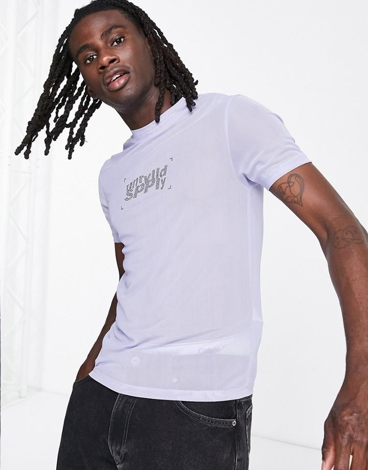 Asos Unrvlld Spply Skinny T-shirt In Power Mesh With Diamante Logo In Lilac-purple