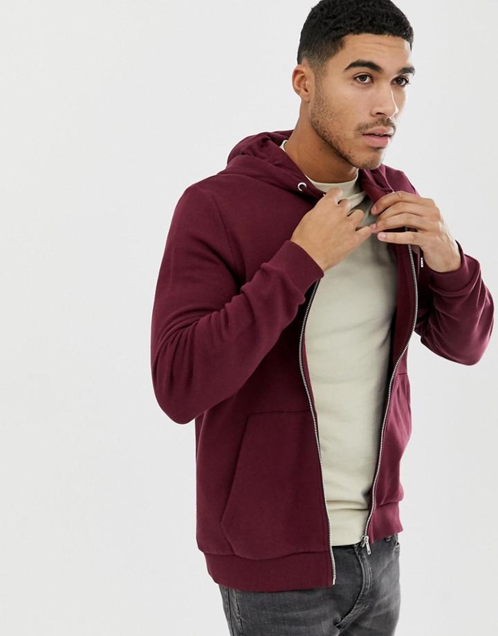 Asos Design Zip Up Hoodie In Burgundy - Red