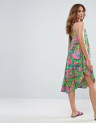 Asos Cami Beach Dress With Dipped Hem In Stripe Palm Print - Multi