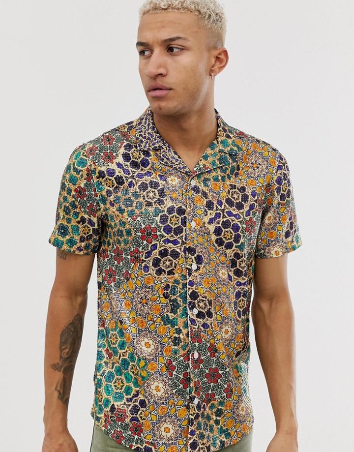 Asos Design Regular Fit Sequin Printed Shirt With Revere Collar-multi