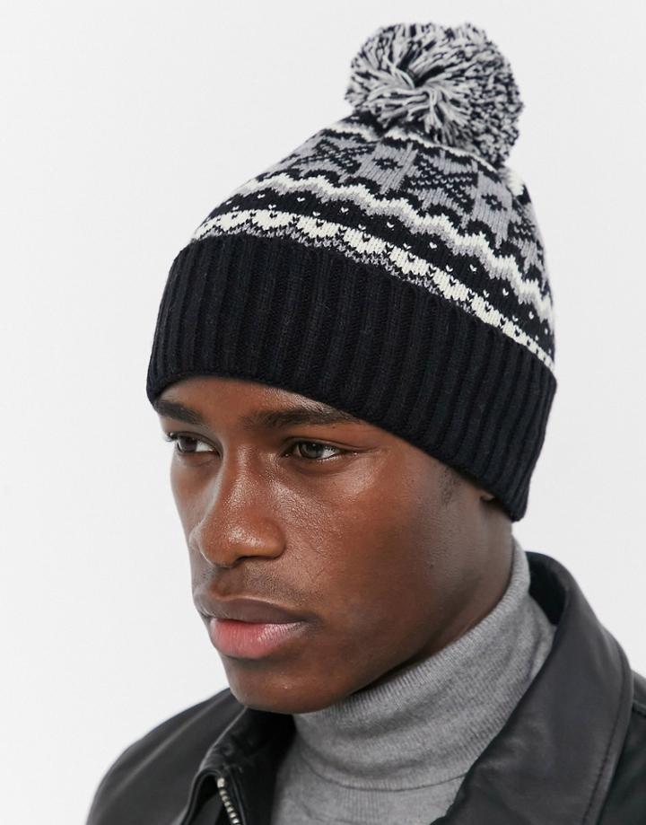 Asos Design Pom-pom Beanie In Black Fairisle Design