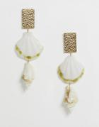 Asos Design Earrings With Square Stud And Faux Shell Drops In Gold Tone