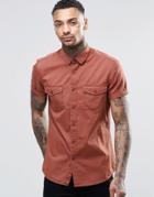 Asos Rust Twill Shirt With 2 Pockets And Heavy Wash In Regular Fit - Rust