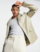 Asos Design Faux Leather Blazer In Stone-neutral