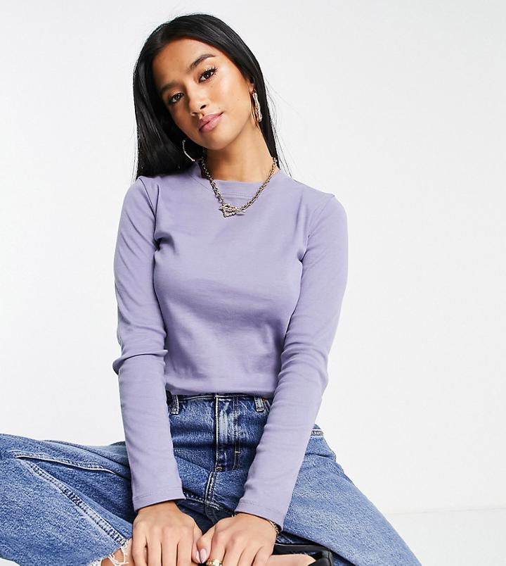 Topshop Petite Long Sleeve Top In Blue-blues