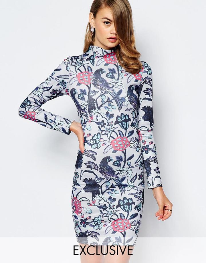 True Violet Mini Pencil Dress With Funnel Neck In Bird Print - Multi Floral