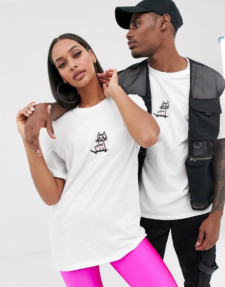 New Love Club Unisex Embroidered Kitty Skate Graphic T-shirt - Gray
