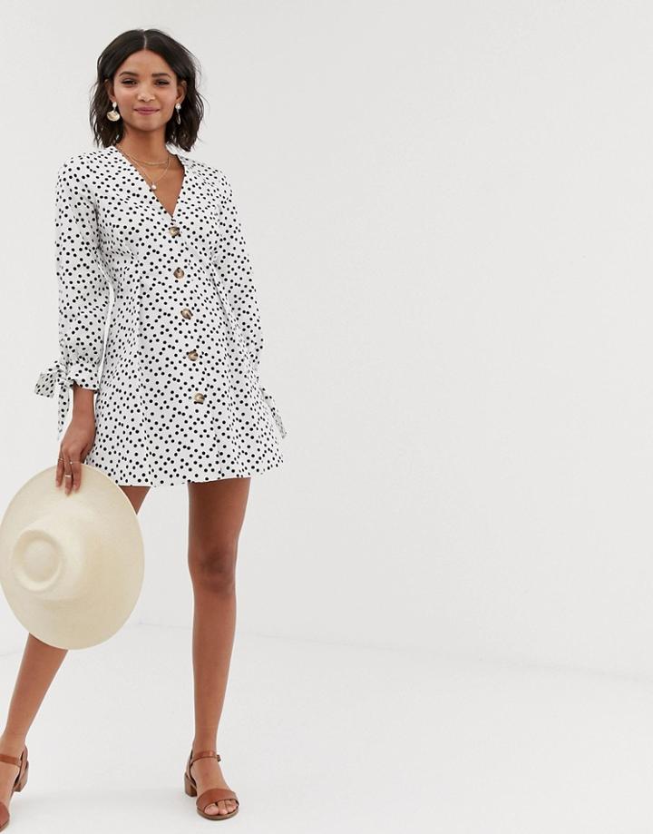 Asos Design Button Through Mini Skater Dress With Tie Sleeves In Spot - Multi